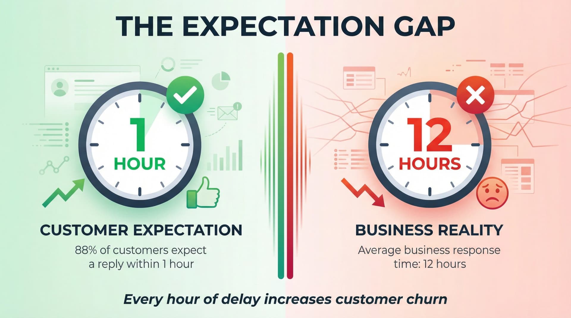 Split timeline comparison: customer expects 1-hour email response, but average business takes 12 hours, showing the critical expectation gap