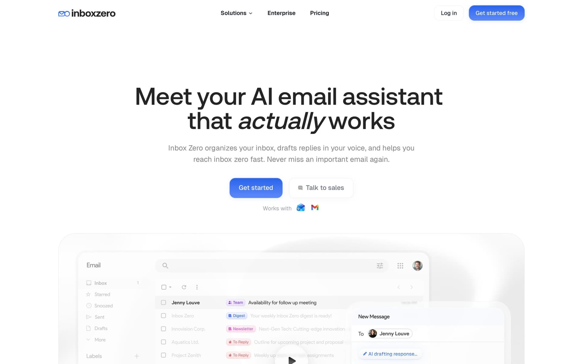 Landing page for Inbox Zero, an AI email assistant, showcasing its features and sleek email interface.